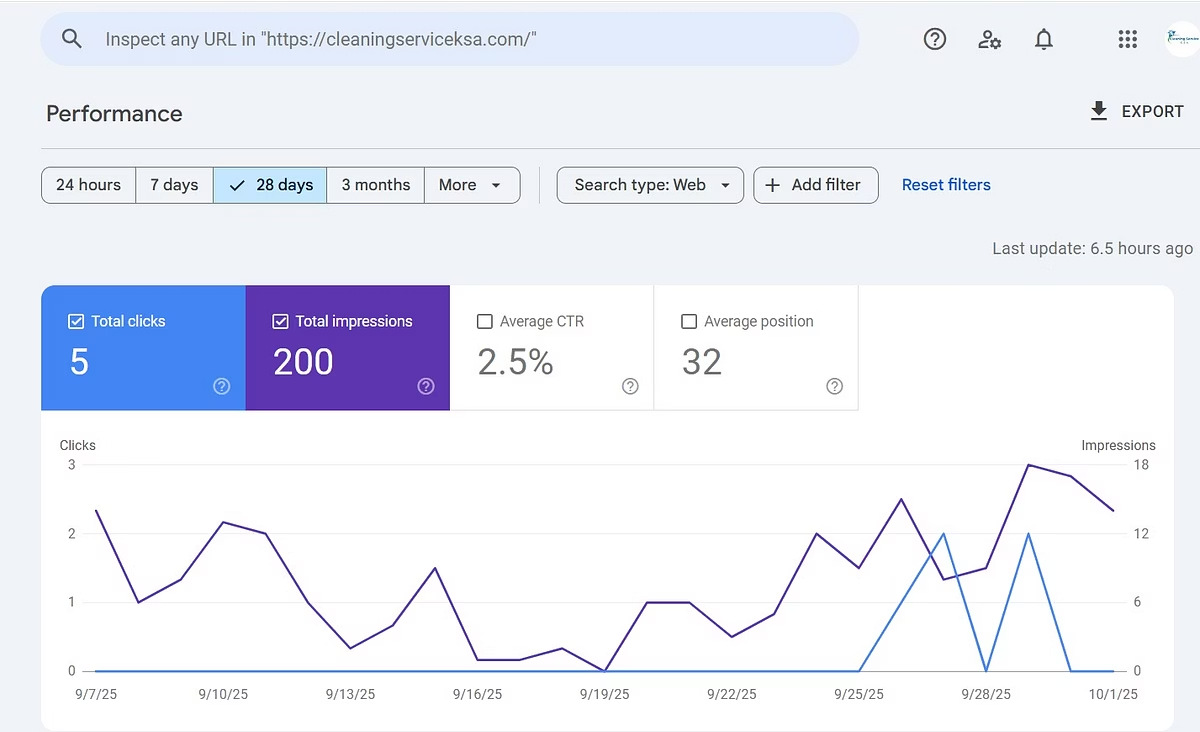 Google Search Console performance after Local SEO — 5 clicks, 200 impressions, average position 32
